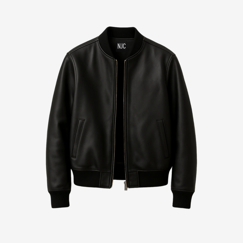 Front view of men’s black cowhide leather bomber jacket