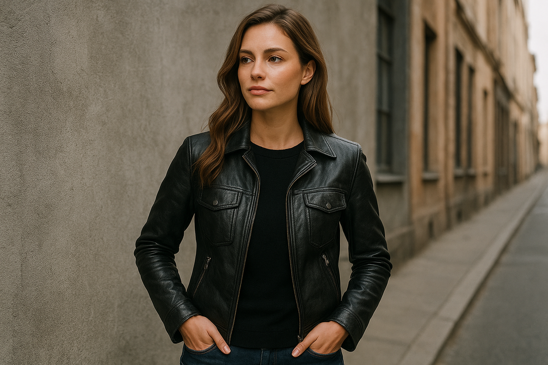 A young man wearing a black leather jacket stands against an urban wall on a city street, showcasing premium men’s fashion style.